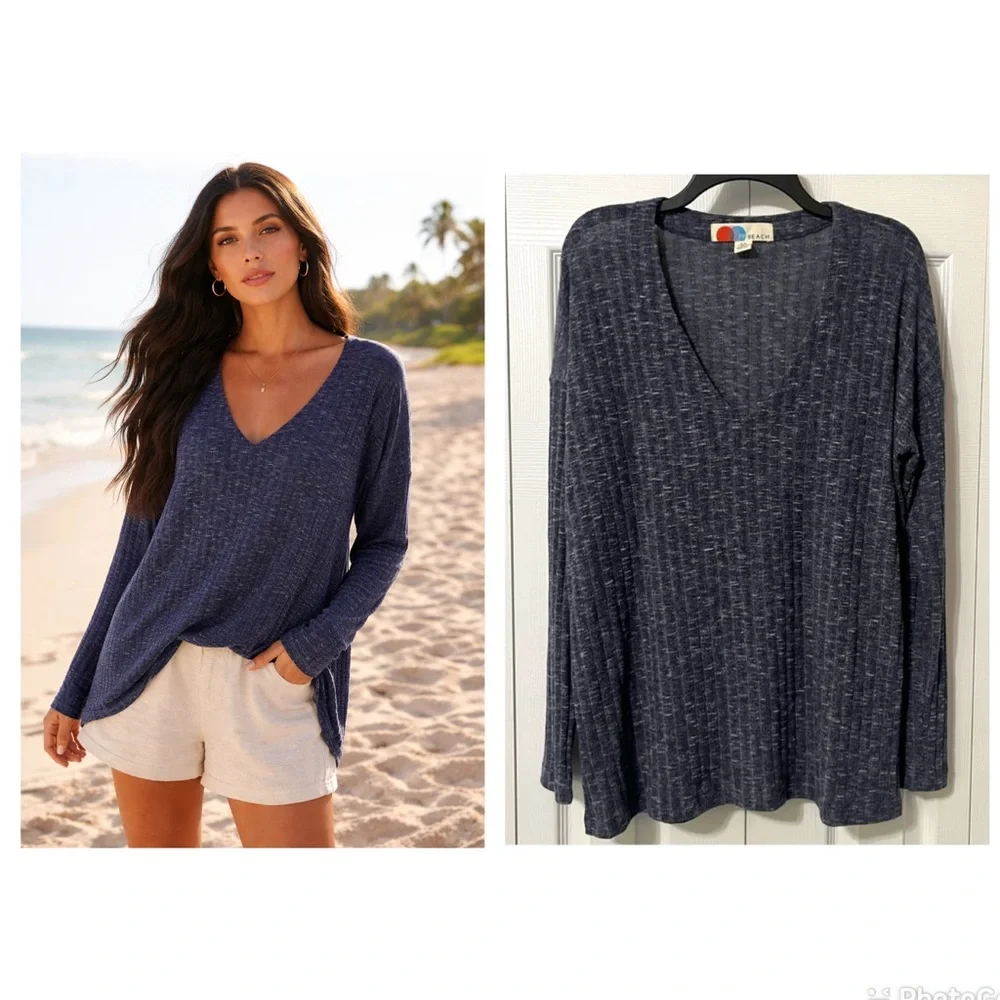Free People Beach Textured V Neck Long Sleeved Tunic Top Slub Size Small